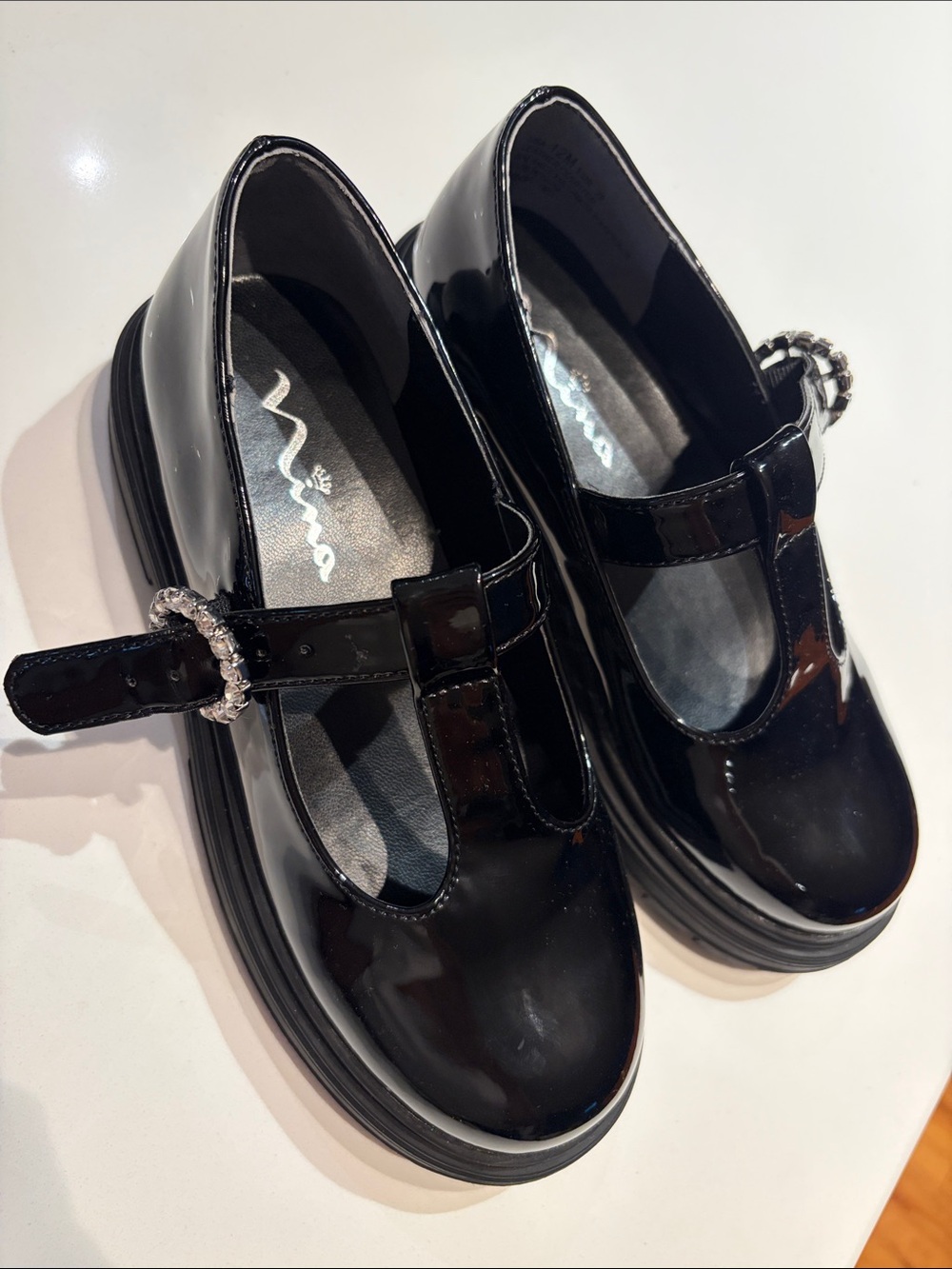 NINA Girls Size 12 Black Patent Mary Jane Shoes with Rhinestone Buckle